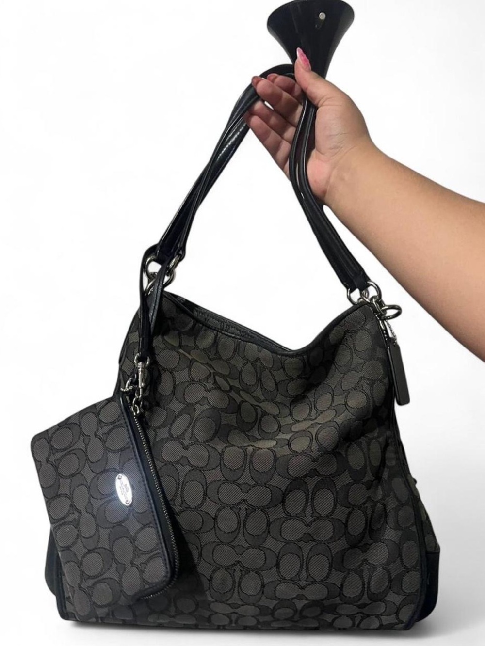 Coach Black Signature Monogram Shoulder Bag with Matching Pouch
